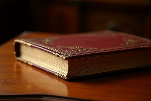 Antikes Buch mit aufwändig restauriertem Ledereinband auf einem Holztisch.