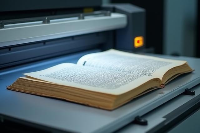 Hochauflösender Scanner digitalisiert vorsichtig ein altes Buch.