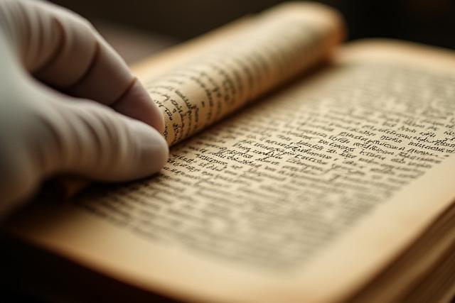 Historischer Text auf vergilbtem Papier wird von einem Experten mit Handschuhen untersucht.