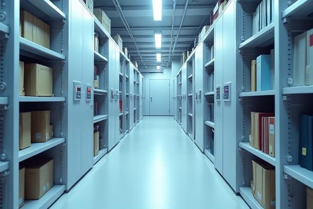 Moderne Klimakontrollgeräte in einem Archivraum voller alter Bücher.