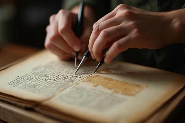 Restaurierung eines alten Manuskripts, Detailansicht einer Hand, die vorsichtig Papier repariert.